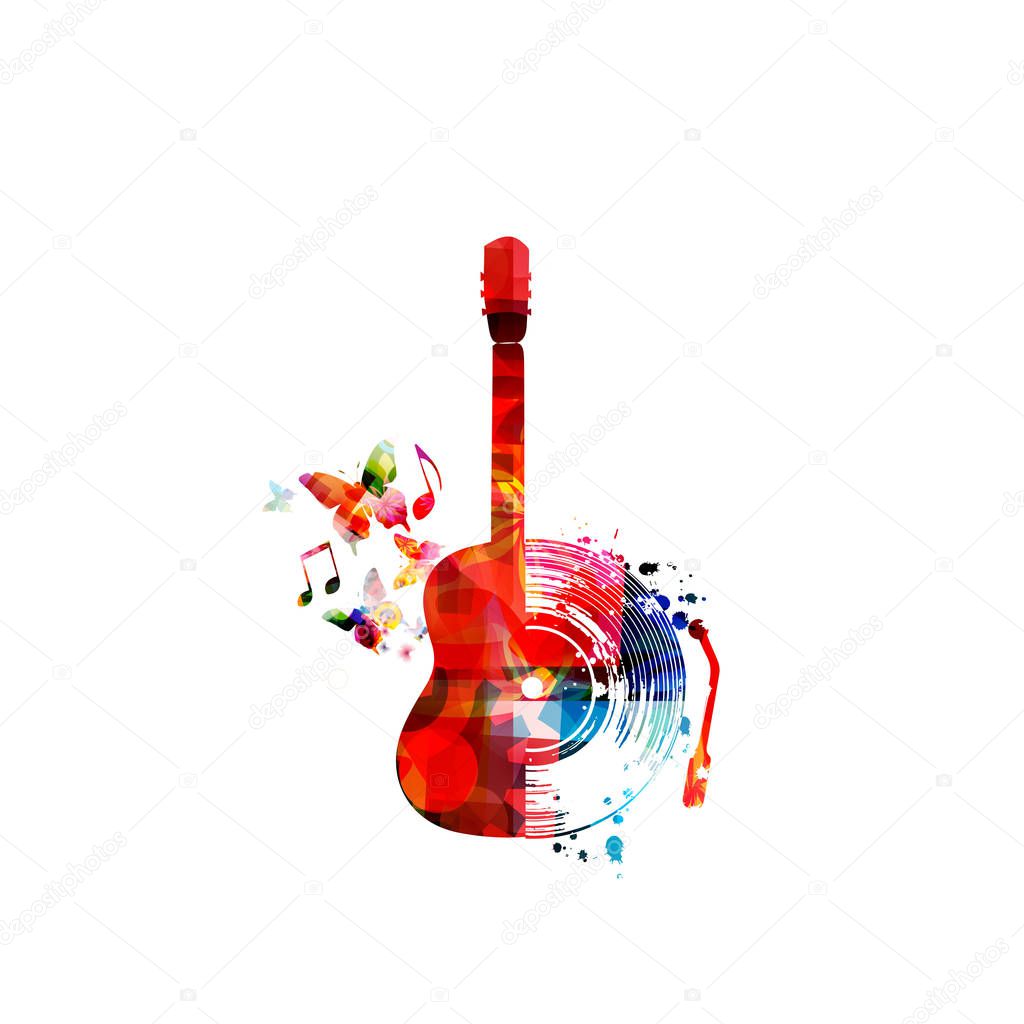 Colorful guitar with music notes and butterflies isolated on white background, music festival poster 