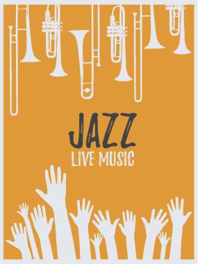 Çizgi film tarzı müzik ekipmanlarıyla çizilmiş renkli kart, caz festivali konsepti.  