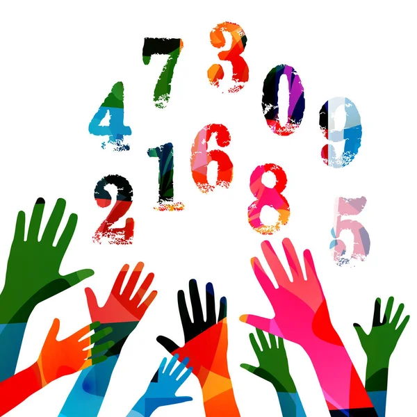 Education Learning Concept Colorful Hands Raised Numbers Vector Illustration School — Stock Vector