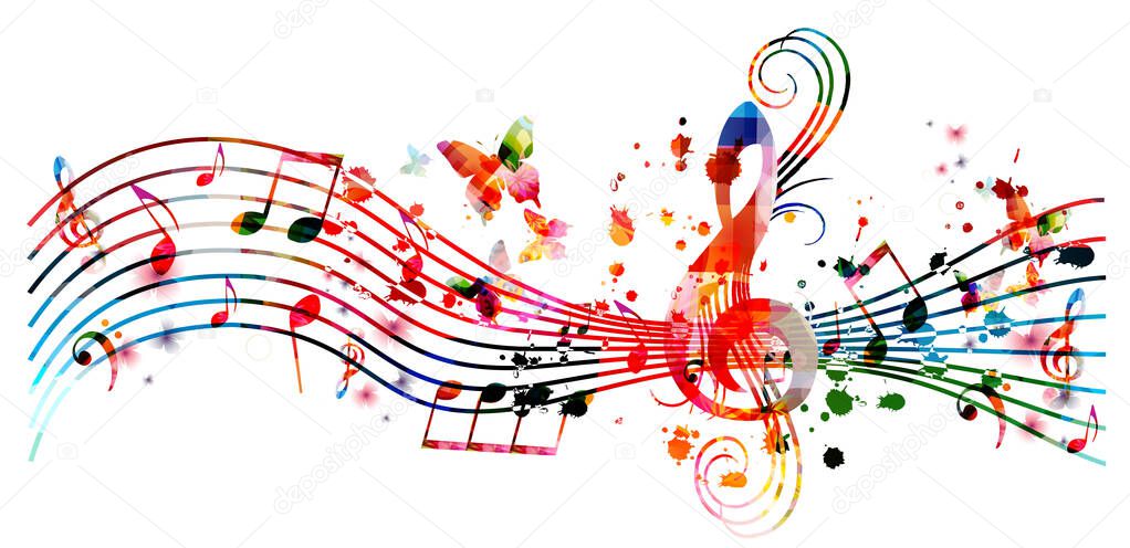 Colorful music promotional poster with music notes isolated vector illustration. Artistic abstract background with music staff for music show, live concert events, party flyer template