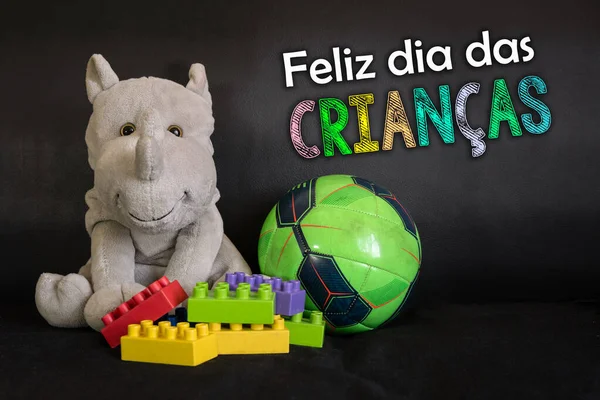 Juguetes Para Celebrar Día Del Niño Texto Feliz Día Los — Foto de Stock