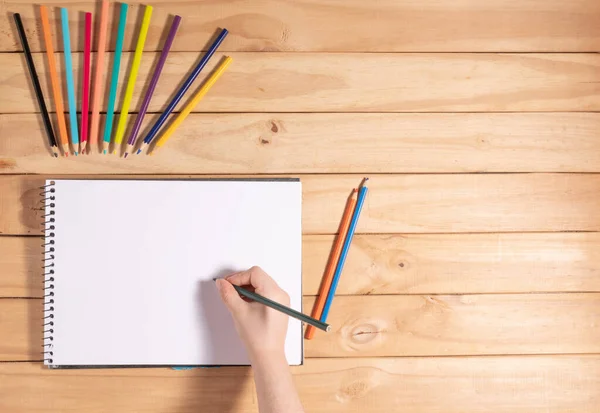 Child holding a pencil on top of a blank sheet surrounded by colored pencils