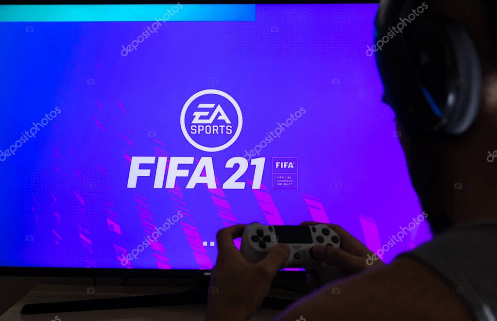 Man playing new FIFA 21 game by EA Sports, Sao Paulo, Brazil, 05/10/2020