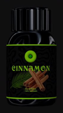 Siyah bir şişede sergilenen tarçın durmaksızın döner, şeffaf arka plan baharat estetiğini geliştirir