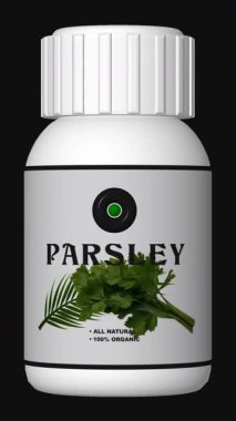 Dönen beyaz bir maydanoz şişesi, esnek tasarım kullanımı için şeffaf bir zemin ile zarif bir şekilde döner.