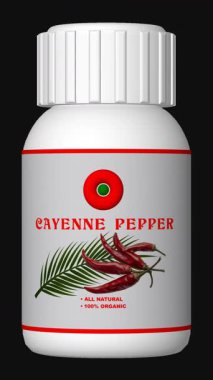 Beyaz şişedeki Cayenne biberi, mutfak ve medya tasarımları için çok yönlülük sağlayan pürüzsüz bir arka plan oluşturur.