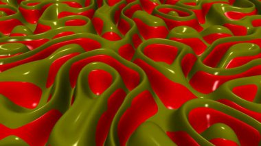 Zarif parıldayan zeytin ve kırmızı plazma animasyonu, kusursuz döngü, parıldayan metalik yansımalar, şık soyut akışkan arka plan hareketi