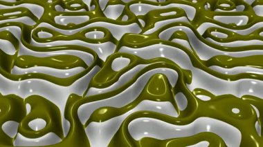 Zarif parıldayan zeytin ve beyaz plazma dalgaları, pürüzsüz döngü, metalik parıldayan gölgeler, şık soyut arka plan tasarımı