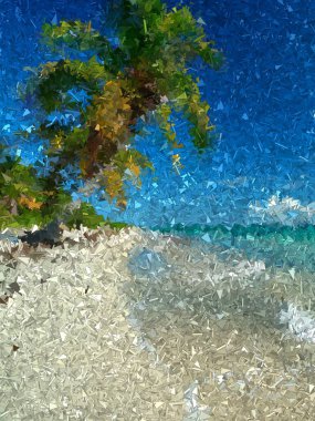 Işıl ışıl kumlu kıyıları, palmiye ağaçları, turkuaz mavi denizi ve parlak, rahatlatıcı tropikal güneşli manzaralı kıyı cennetinin soyut sanat eserleri.