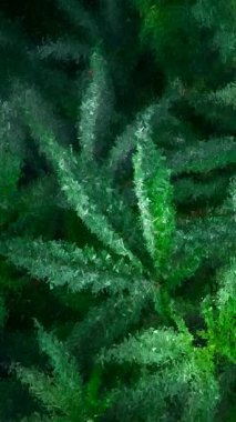 Keskin mozaik parçalar halinde düzenlenmiş yeşil kenevir yapraklarının soyut sanatsal tasarımı benzersiz bir geometrik desen oluşturur