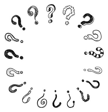 Kare çerçeve ile elle çizilmiş doodle soru işaretleri. Vektör çizim
