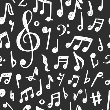 Dikişsiz desen tasarım el ile nota bir tahta arka plan üzerinde çizilmiş. Vektör çizim