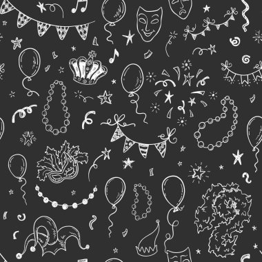 Mardi Gras Karnavalı seamless modeli elle çizilmiş doodle maskeli balo elemanları bir kara tahta arka plan ile. Vektör çizim