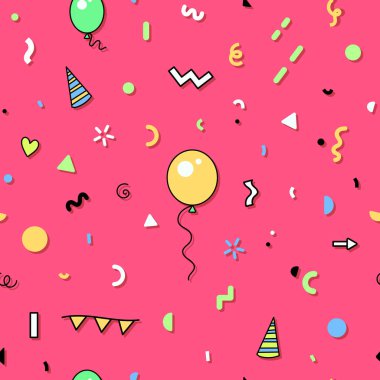 Dikişsiz soyut desen trendy 80'li yıllarda memphis tasarım stili. Komik Doğum günü parti arka plan. Vektör çizim