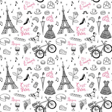 Elle çizilmiş Paris, Fransa ile sorunsuz vektör desen karalamalar semboller.