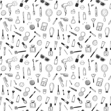 Seamless modeli ile elle çizilmiş güzellik, makyaj, kozmetik doodles, izole vektör arka plan