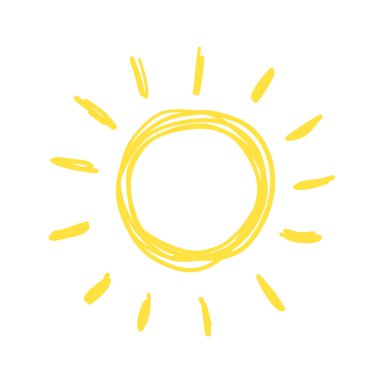 Komik doodle güneş. El çizilmiş vektör simgesi.