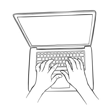Sketch illustration of a man hands are working on a laptop computer. Top view. clipart