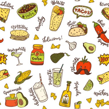 Meksika yemeği sorunsuz vektör desen el ile çizilmiş. 