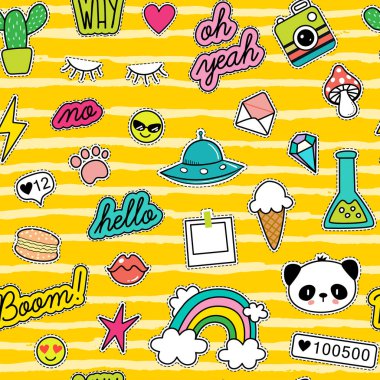 80s Fashion vector seamless pattern with pop art patches, pins, badges and stickers clipart