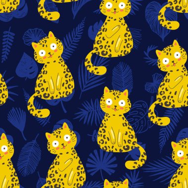 Sorunsuz vektör desen komik Leopar kedi, moda trendy baskı, t gömlek, yüzey tasarımı ile