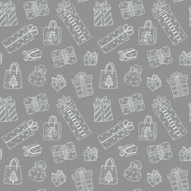 Elle çizilmiş doodle yılbaşı hediye kutuları ile Seamless modeli. Vektör çizim