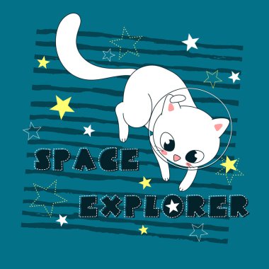 Kedi alanı explorer sloganıyla astronot yavru kedi, moda yazdırma, t gömlek, giyim tasarım yıldızlarda, uçan. Vektör çizim