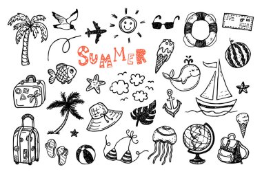 Elle çizilmiş yaz kümesi doodles. Vektör çizim