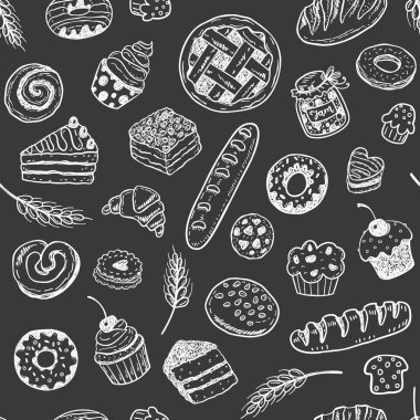 Elle çizilmiş doodle pastane ve hamur işleri ile sorunsuz vektör desen