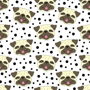 Sorunsuz vektör desen ile komik doodle gülen pug köpek 