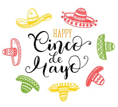 Cinco de Mayo tebrik kartı elle çizilmiş ile ifade ve sombreros doodle mutlu. Vektör çizim