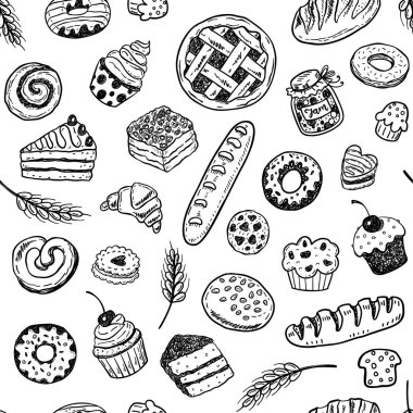 Elle çizilmiş doodle pastane ve hamur işleri ile sorunsuz vektör desen