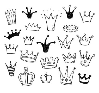 Elle çizilmiş doodle Prenses kron küme. Vektör çizim