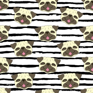 Sorunsuz vektör desen ile komik doodle gülen pug köpek 