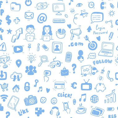 El çekilmiş sosyal medya, dijital pazarlama, Internet ağ seamless modeli. Doodle ve stil ikonları eskiz. Vektör çizim