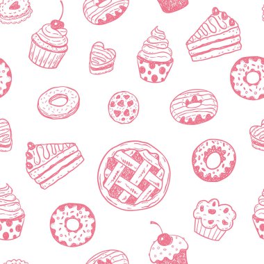 Seamless modeli ile elle çizilmiş doodle tatlılar: çörek, kek, kek, pasta, kek. Vektör çizim
