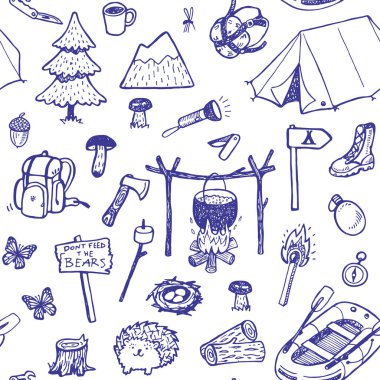 Elle çizilmiş doodle seyahat, ekipman kamp ile sorunsuz vektör desen.