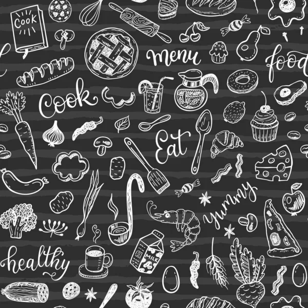 在黑板背景上手绘食物的无缝矢量图案 — 图库矢量图片