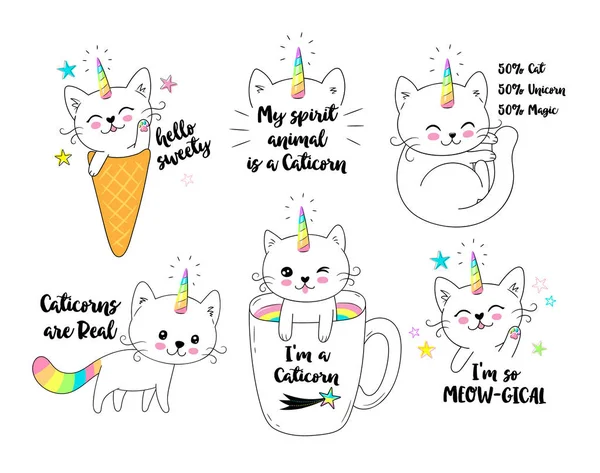 Ilustración Vectorial Pequeño Gato Blanco Lindo Unicornio Caticorn Puede Utilizar — Archivo Imágenes Vectoriales