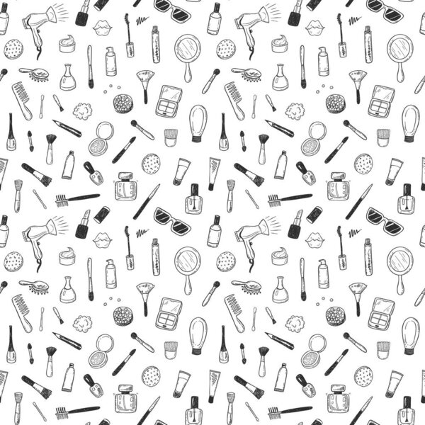 Seamless pattern with hand drawn beauty, make up, cosmetic doodles, isolated vector background