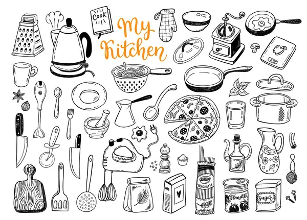 Utensilios Cocina Cocina Cosas Dibujado Mano Bosquejo Conjunto Colección Divertido — Vector de stock