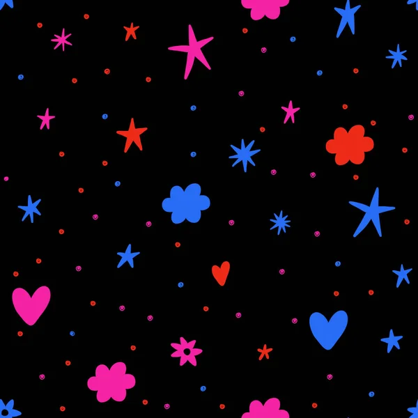 明るいカラフルな星 雲心とシームレスなベクトル パターン レトロな背景 — ストックベクタ