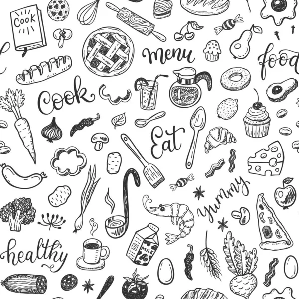 Απρόσκοπτη Διάνυσμα Μοτίβο Χέρι Doodle Τροφίμων Που — Διανυσματικό Αρχείο