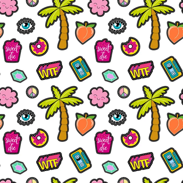 80s Fashion vector seamless pattern with pop art patches, pins, badges and stickers