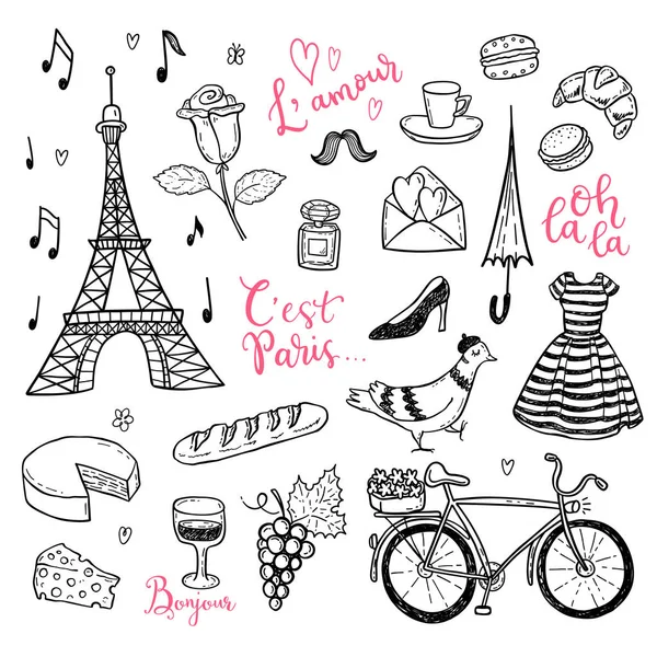 Ensemble Vecteurs Doodle Avec Symboles Paris France Dessinés Main — Image vectorielle