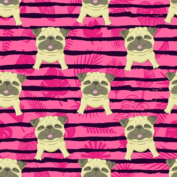 シームレスなベクトル パターンで面白い落書きストライプ背景にスマイリー パグ犬 — ストックベクタ