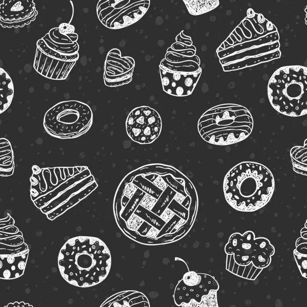 Motif Vectoriel Sans Couture Avec Desserts Griffés Dessinés Main Sur — Image vectorielle