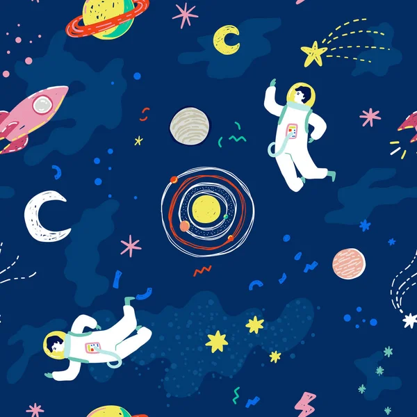 漫画の星 宇宙船 宇宙飛行士と宇宙のシームレスなパターン レトロな 年代のトレンディなスタイルのベクトル図 — ストックベクタ