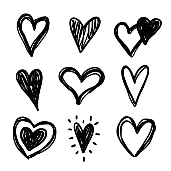 Grappige Doodle Harten Iconen Collectie Hand Getrokken Valentijnsdag Bruiloft Ontwerp — Stockvector