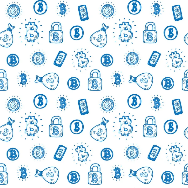 Patrón Sin Costuras Con Dibujado Mano Garabatos Bitcoin Iconos Ilustración — Vector de stock